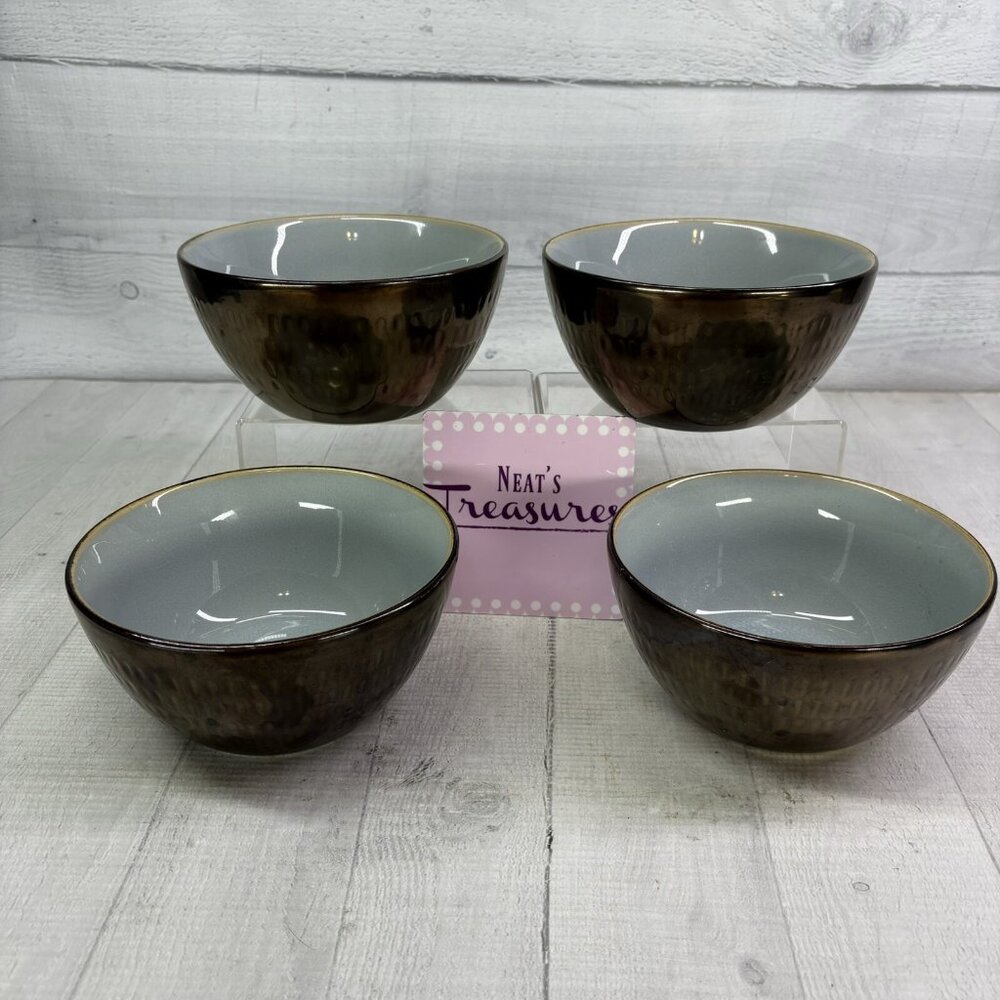 Food Network ANGELICA Blue Bronze Metallic Stoneware 6" Soup Cereal Bowls Set 4